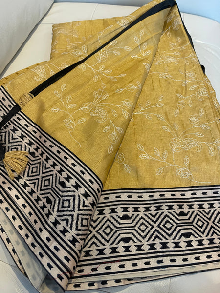 Beige Yellow Tussar Silk Saree with Embroidery