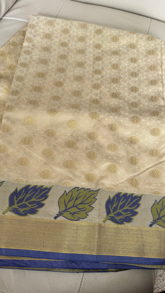 Blended Off White Floral Silk Saree with Blue