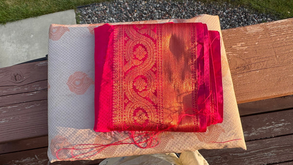 Biscuit and Pink Silk Banarasi Saree