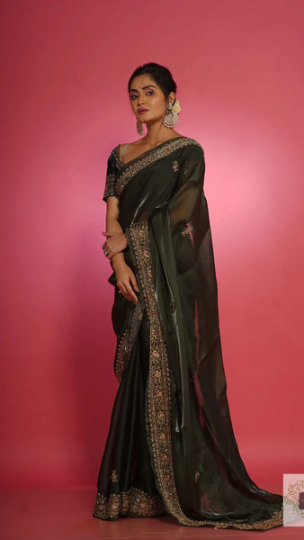 Dark Green Glassy Organza Saree