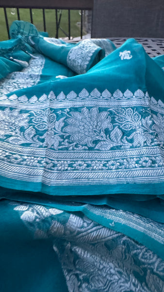 Teal Pure Handwoven Khaddi Banarasi Chiffon Georgette Saree