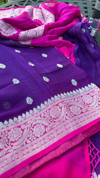 Purple and Hot Pink  Pure Handwoven Khaddi Banarasi Chiffon Georgette Saree