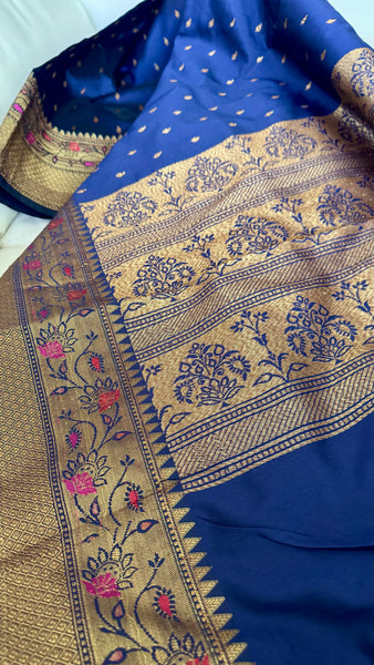 Deep Blue and Gold Handloom Silk Saree with Floral Border