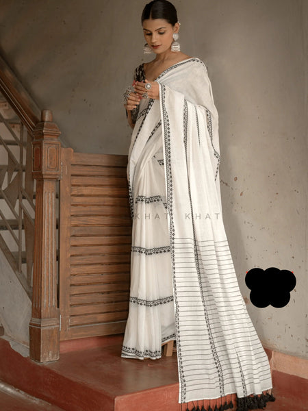 Black and White Woven Handloom Cotton Saree