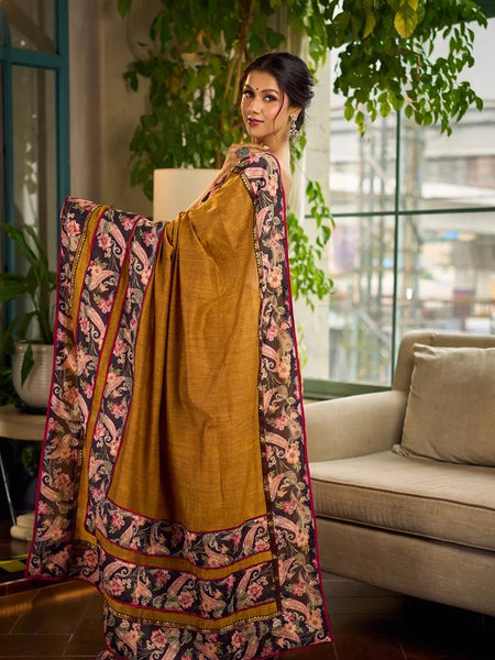Mustard Kalamkari Print Chanderi Saree with Navy Blue Indigo Border