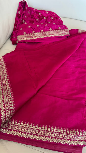 Fuchsia Pink Crepe Silk Saree with Zardosi Border