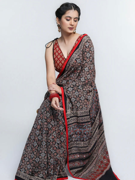 BLACK AJRAKH COTTON SAREE WITH RED BORDER