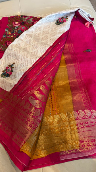 White Soft Silk Saree with French Knots and Kantha Stitch with Zari Border