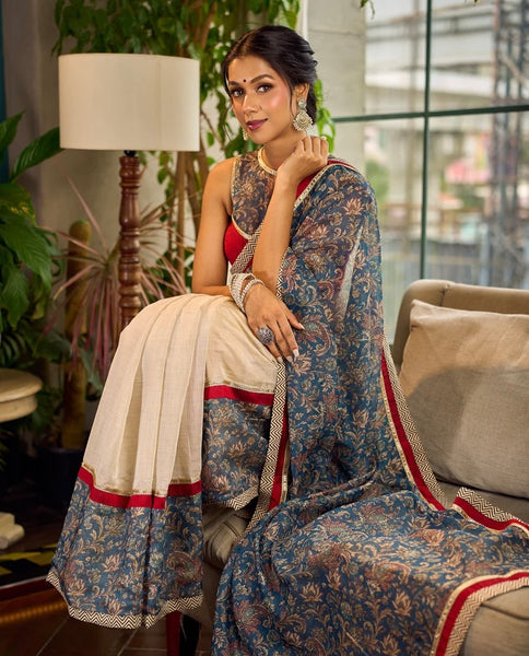 Ivory Kalamkari Floral Chanderi Saree with Red Zari-Trimmed Hem & Chevron Border Accent
