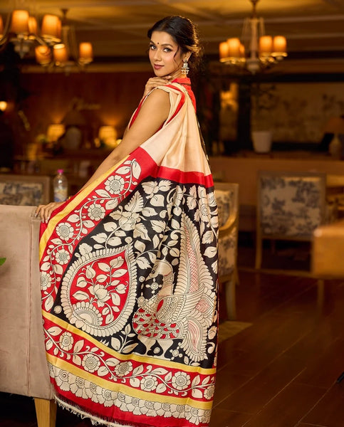 Black Pure Silk Saree with Red & Ivory Kalamkari Floral Border