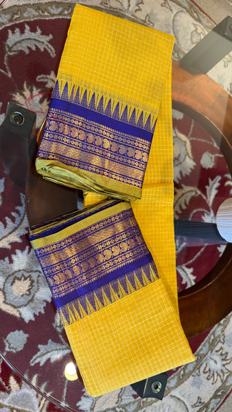 Yellow and Blue Pure Cotton Handloom Gadwal