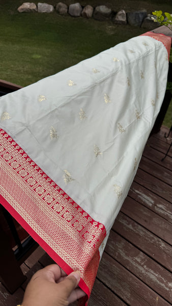 Off White and Red Soft Silk Saree with Readmade Blouse