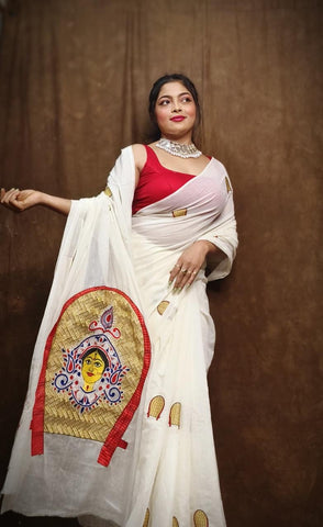 Pure Handwoven Red and White Cotton Khaddi with Handwoven Embroidered Border