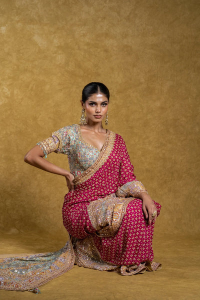 Rani Pink and Pastel Multicolor Border Saree