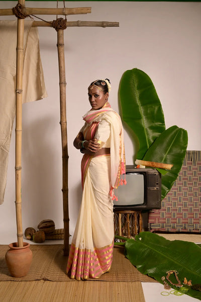 Cream White Cotton Saree with Pink and Golden Striped Border