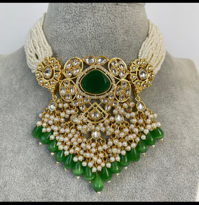 Emerald Green Pearl Kundan Choker 3 piece set
