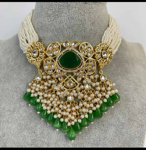 Emerald Green Pearl Kundan Choker 3 piece set