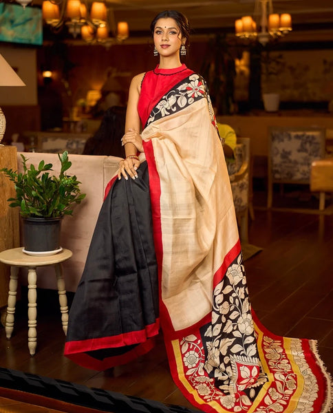 Black Pure Silk Saree with Red & Ivory Kalamkari Floral Border