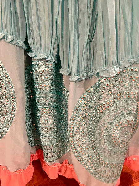 Turquoise and Yellow 3 Piece Lehenga Choli Set