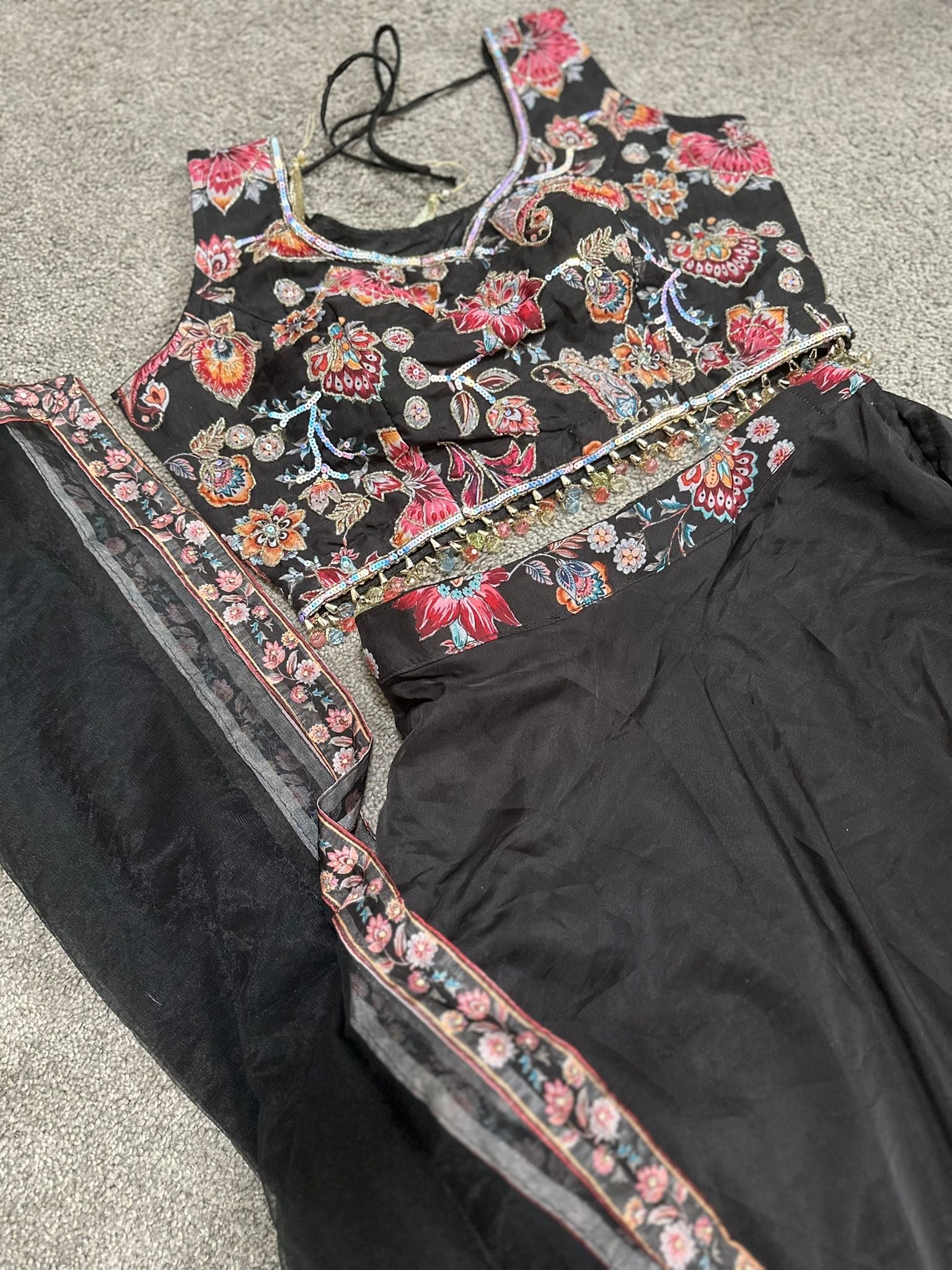 Black Floral Embroidered Lehenga in Georgette
