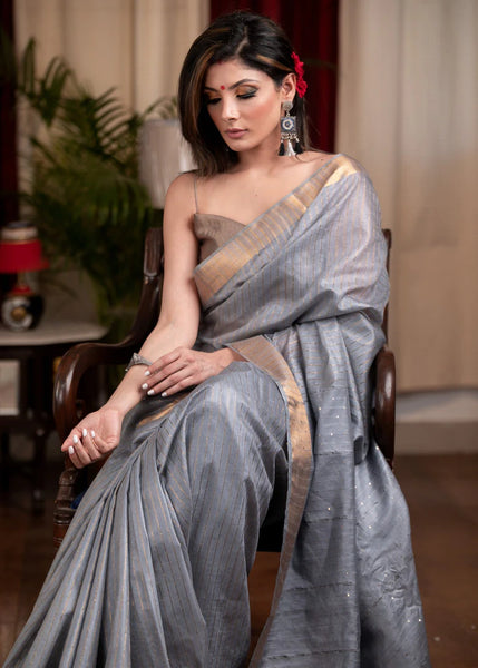 STRIPED, GREY KOTA SILK SAREE