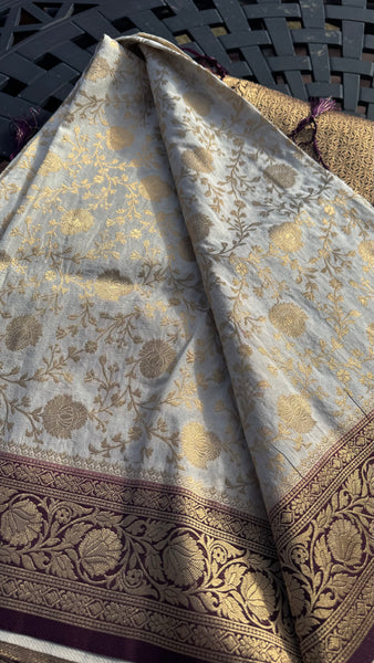 Off White Banarasi Crepe Silk Saree with Deep Purple Border