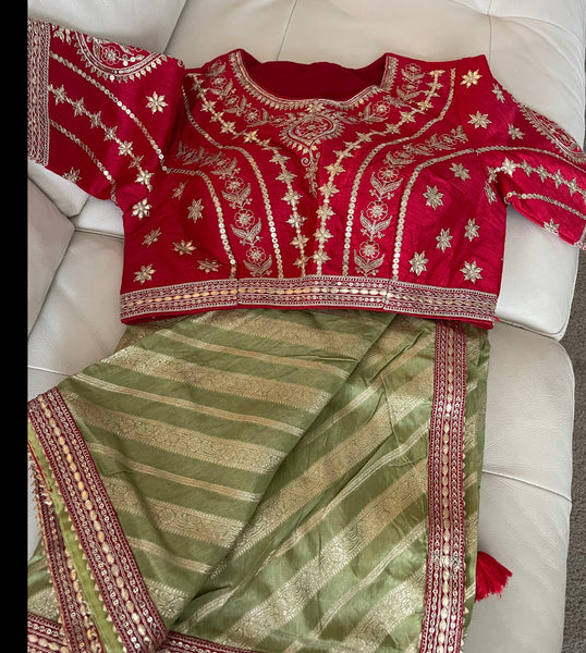 Mint Green Pistachio Muga Silk Saree with Red Readymade Blouse