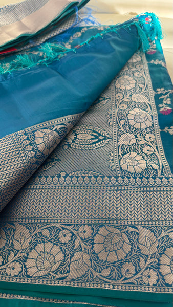 PEACOCK BLUE FLORAL SILK SAREE with SILVER ZARI BORDER