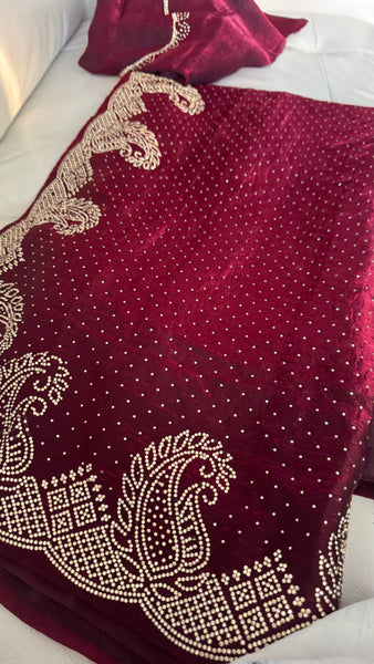 Deep Maroon Silk Crepe All-Over Stone Embellished Saree