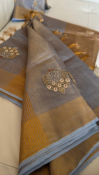 Dual Tone Grey Silver Gold Tone Tissue Linen Saree