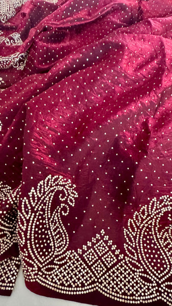 Deep Maroon Silk Crepe All-Over Stone Embellished Saree