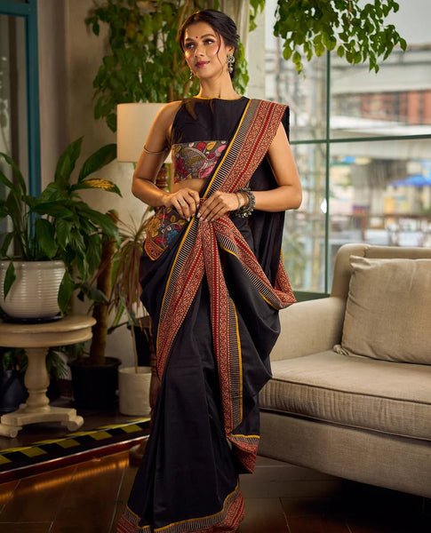 Black Cotton Saree with Ajrakh Print & Kalamkari Painted Border