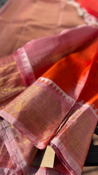 Rust Orange and Baby Pink Pure Silk Handloom Gadwal Saree