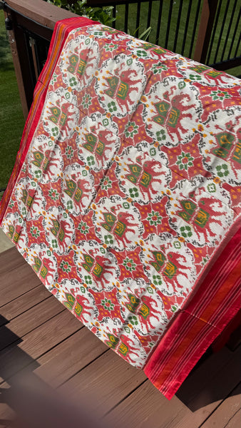 Pure Pochampally Double Weaving Ikat Silk Patola White Red Saree
