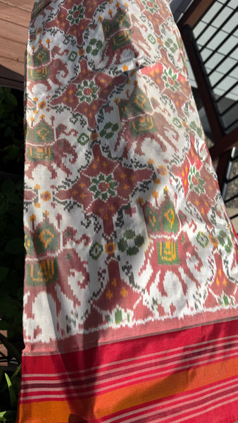Pure Pochampally Double Weaving Ikat Silk Patola White Red Saree