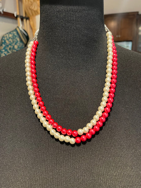 Dual Layered Cherry Red and Shell Pearl Necklace Earring Set