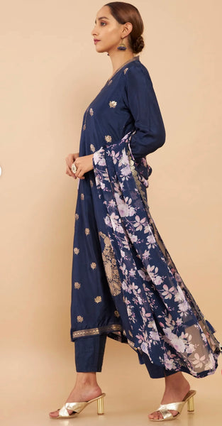 Navy Blue Chanderi Floral Woven Design Suit Set
