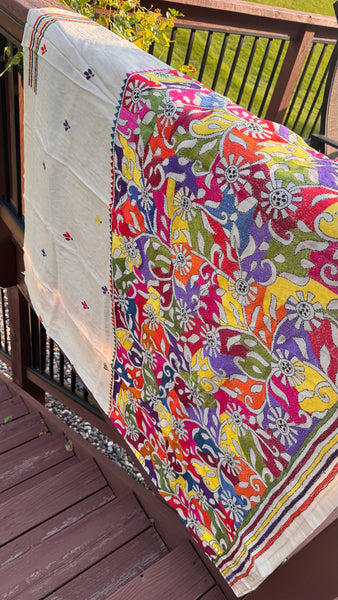 Pure Tussar Silk Kantha Stitched Embroidered Saree