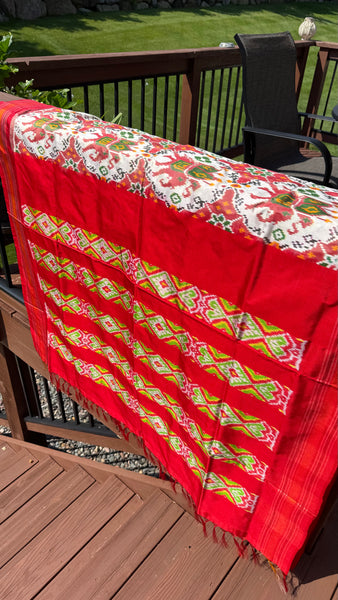 Pure Pochampally Double Weaving Ikat Silk Patola White Red Saree