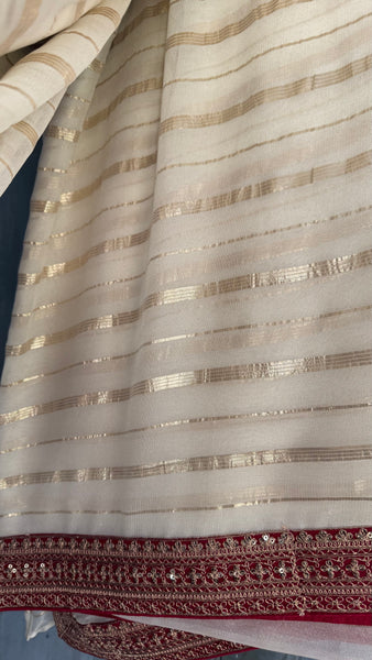 White and Red Georgette Chiffon Zardosi Saree