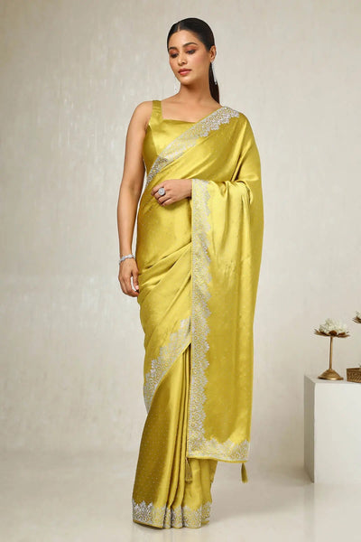 Mustard Green Satin Embellished Saree With Stone Work