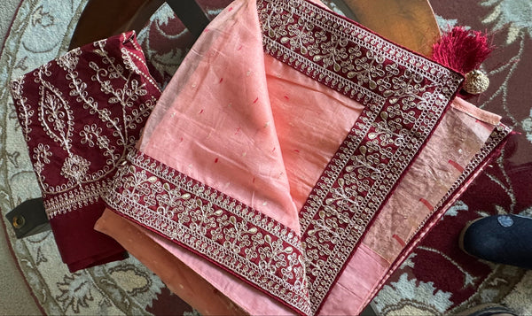 Shade of Peach Pink Handloom Net Silk Saree