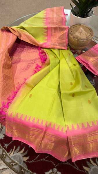 Mint Pistachio Green and Pink Pure Silk Handloom Gadwal Saree