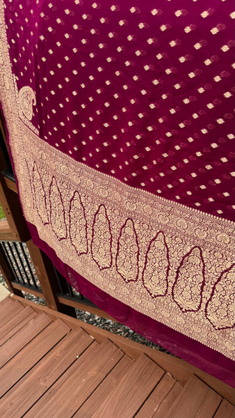 Wine Burgundy Pure Khaddi Georgette Chiffon with Stitched Net Blouse