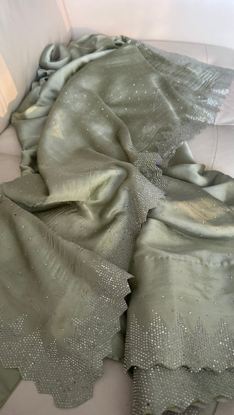 Sage Green Satin Stone Embellished Saree