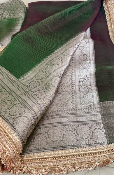 Iridescent Green Tissue Banarasi Brocade Silk Saree
