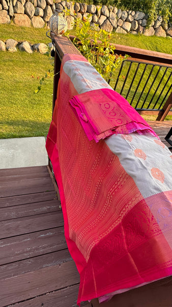 Biscuit and Pink Silk Banarasi Saree