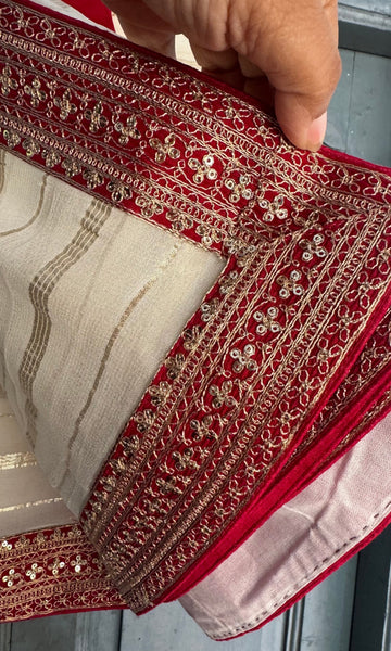 White and Red Georgette Chiffon Zardosi Saree