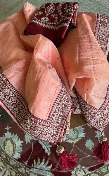 Shade of Peach Pink Handloom Net Silk Saree