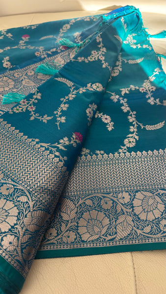 PEACOCK BLUE FLORAL SILK SAREE with SILVER ZARI BORDER